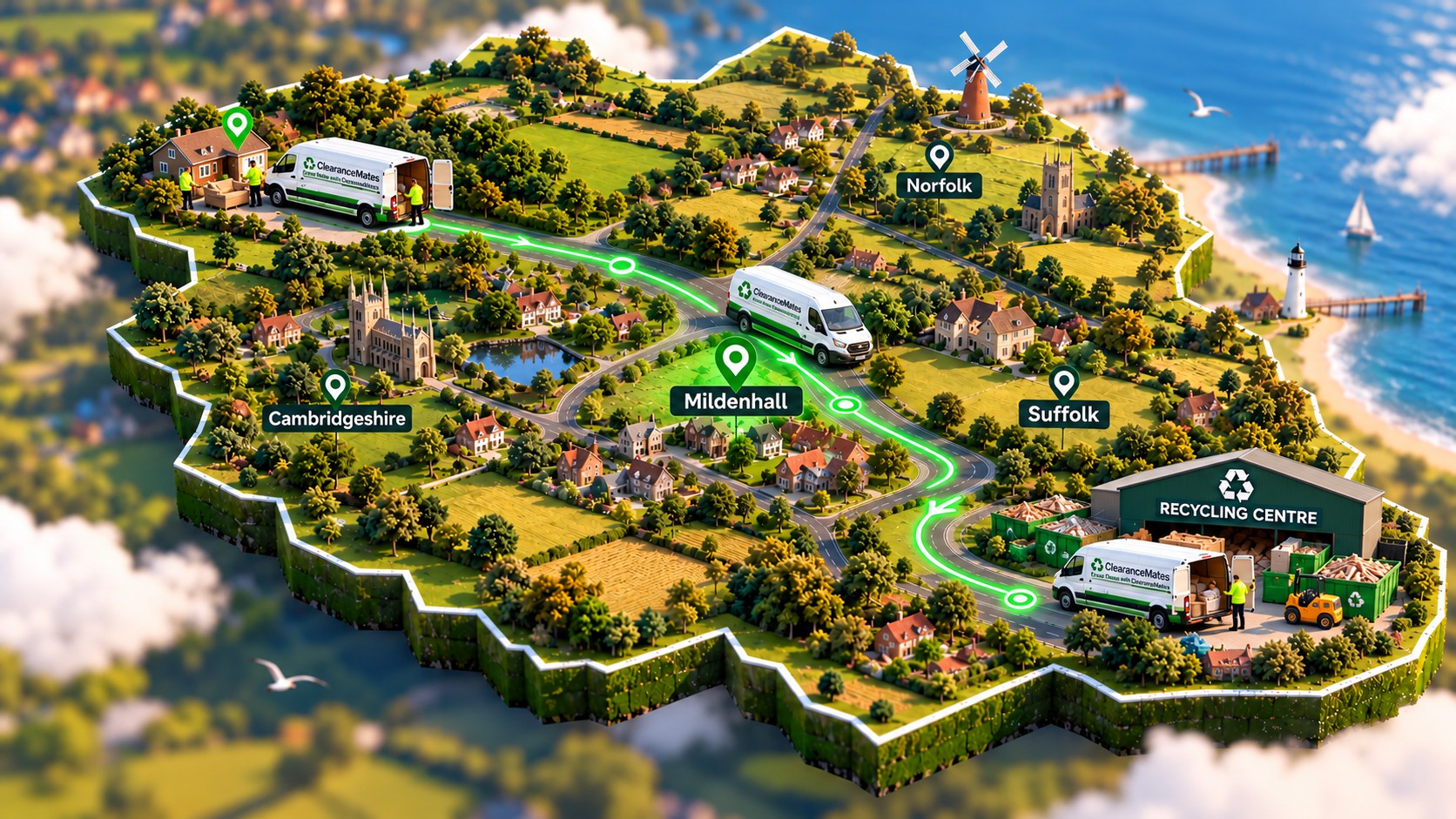 Illustrated ClearanceMates service area centred on Mildenhall, covering Suffolk, Norfolk and Cambridgeshire